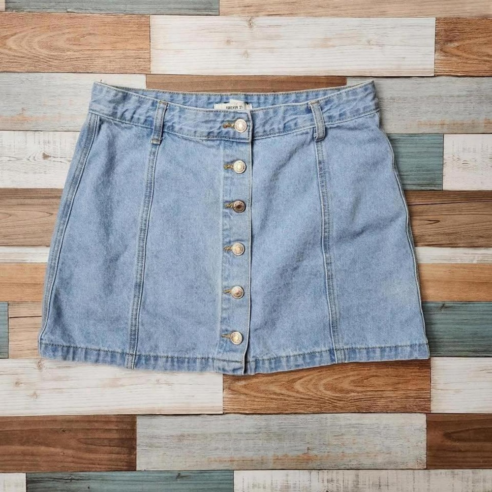 Forever‎ 21 Womens Light Wash Denim Button Front Mini Skirt Blue A-Line Size 29